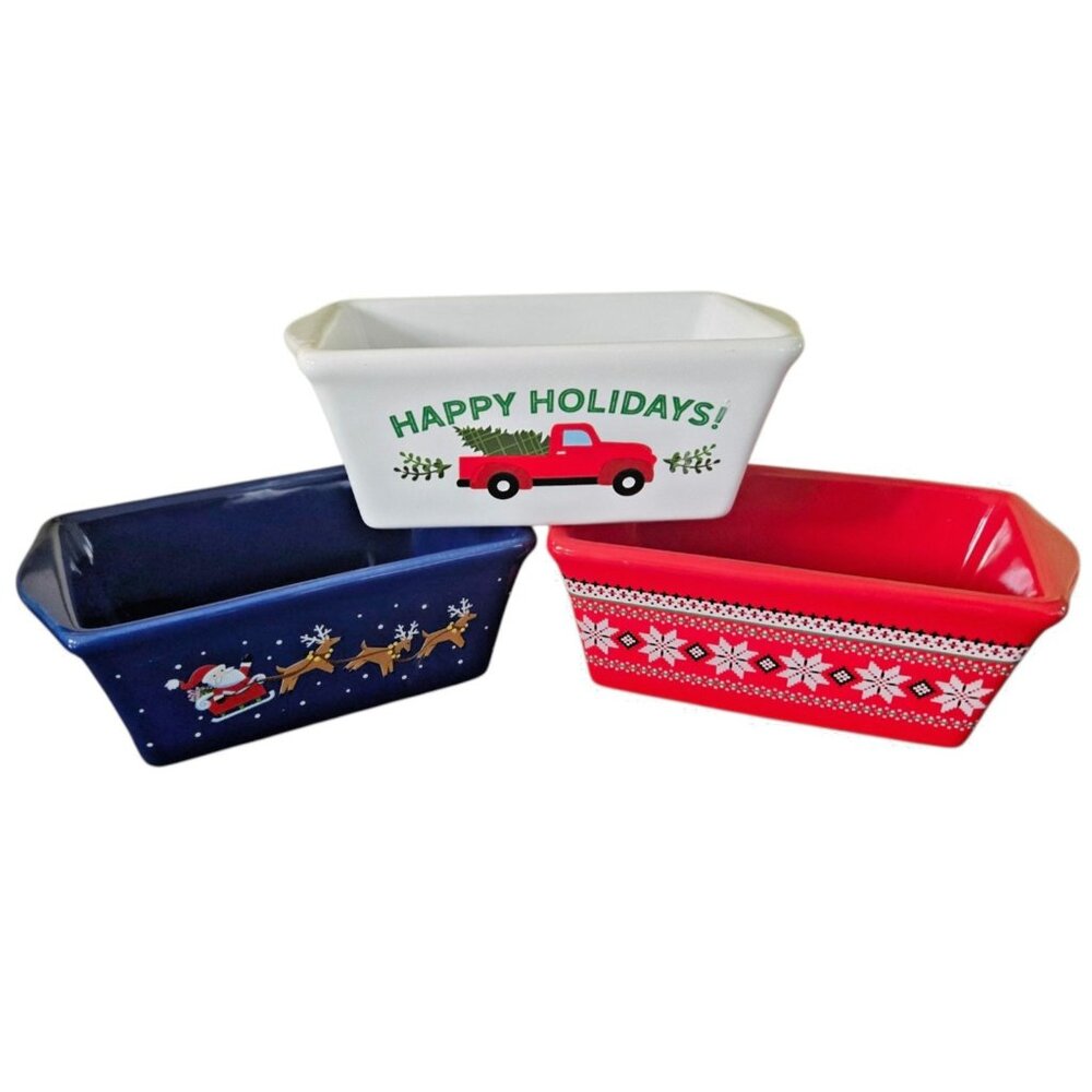 Nantucket Ceramic Mini Loaf Pans Winter Christmas Holiday Set of 3 Vntage EUC